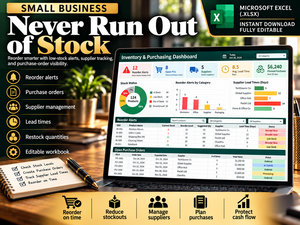 Inventory Purchase & Reorder Tracker stock management spreadsheet preview