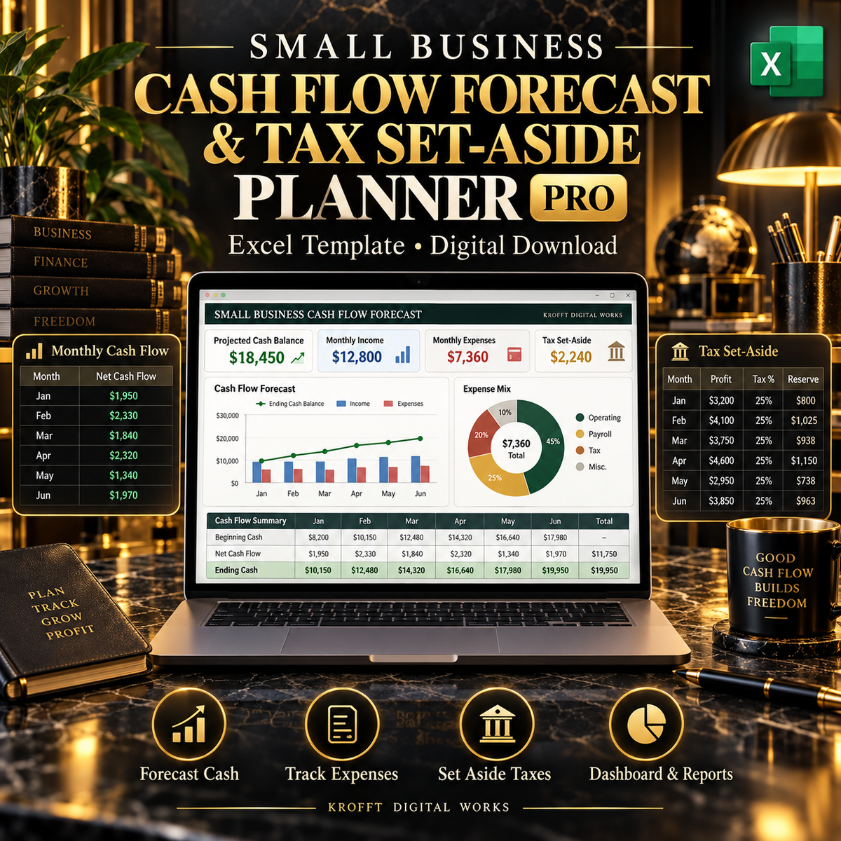 Cash Flow Forecast & Tax Set-Aside Planner Excel template cover