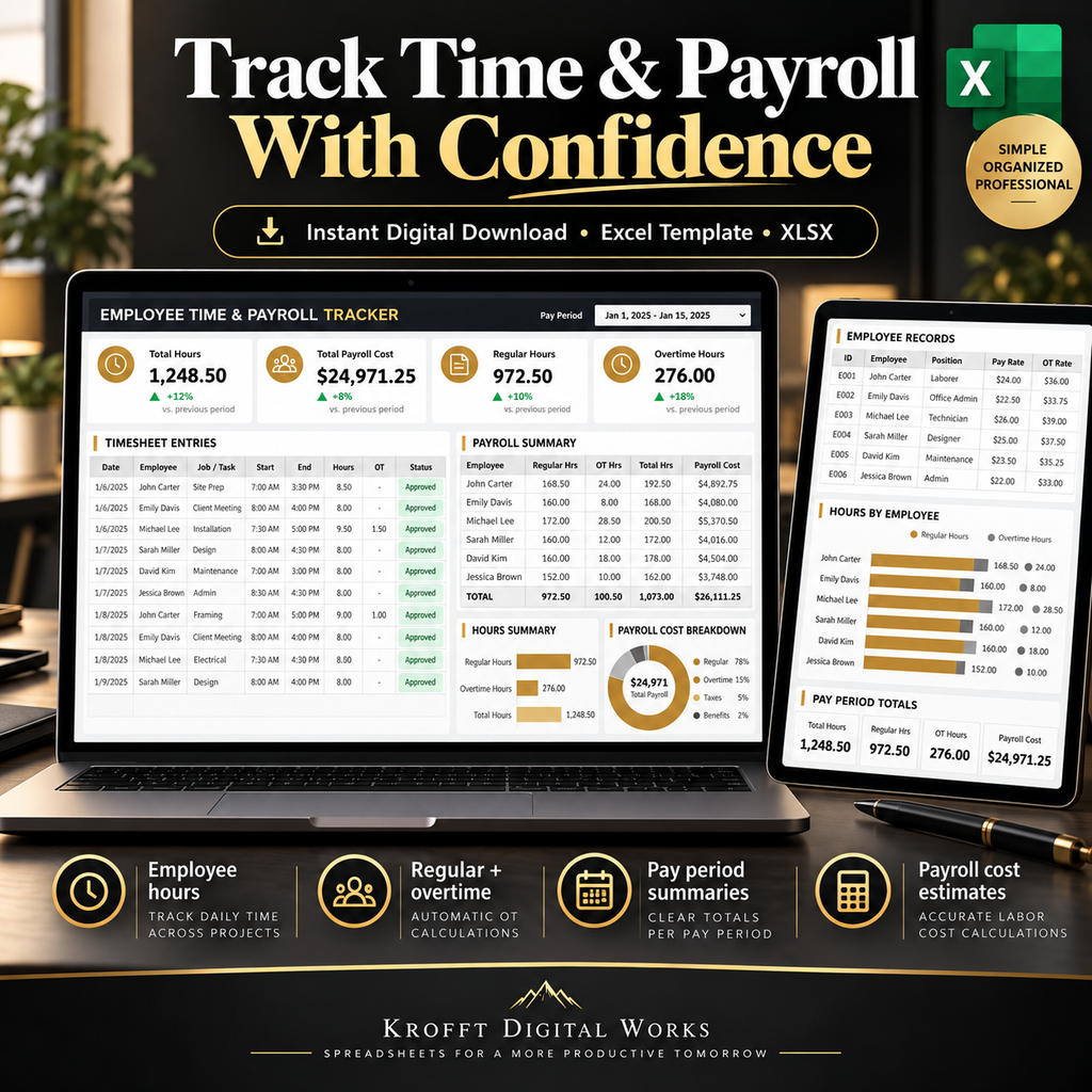 Employee Time Payroll & Labor Cost Tracker workbook features preview