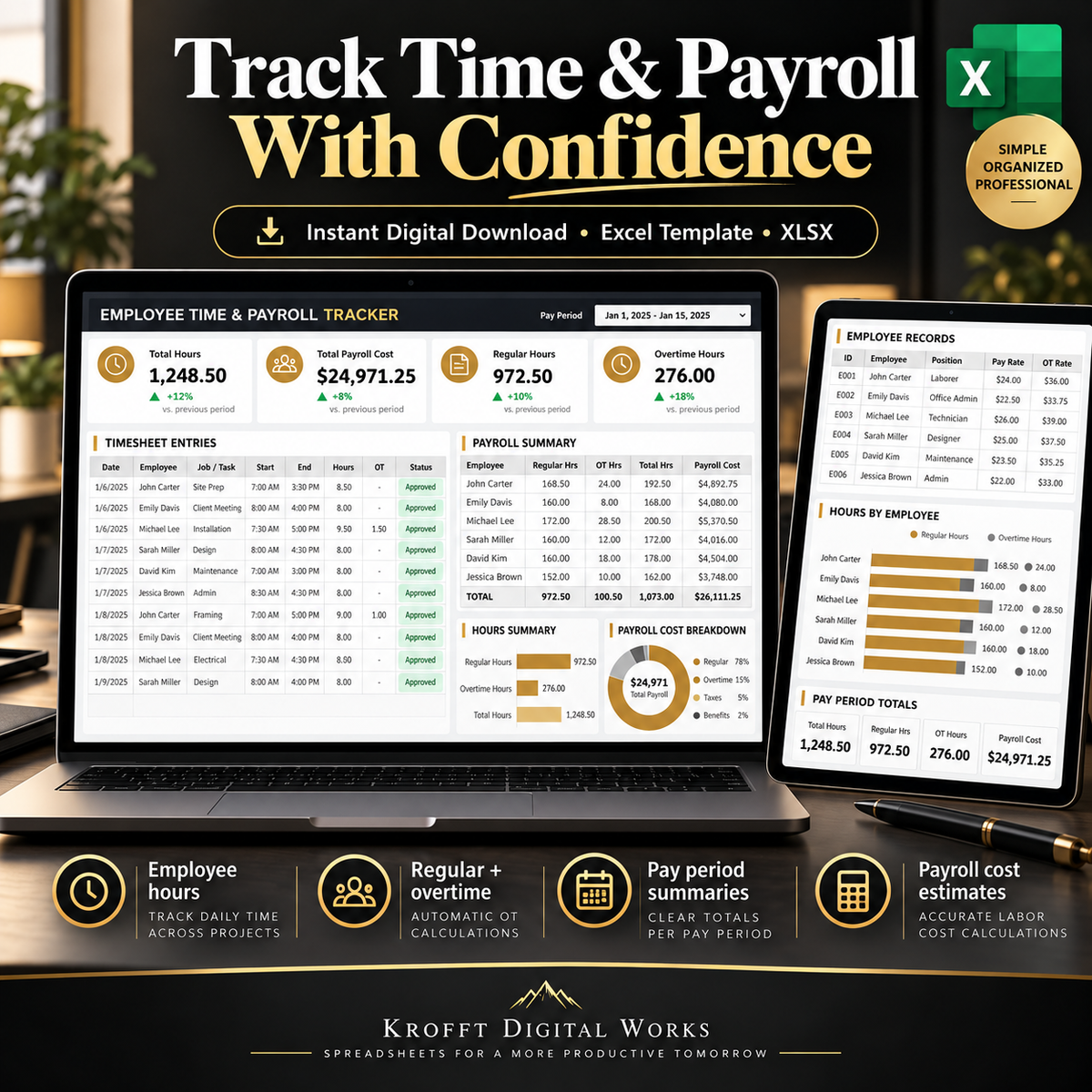 Employee Time Payroll & Labor Cost Tracker workbook features preview