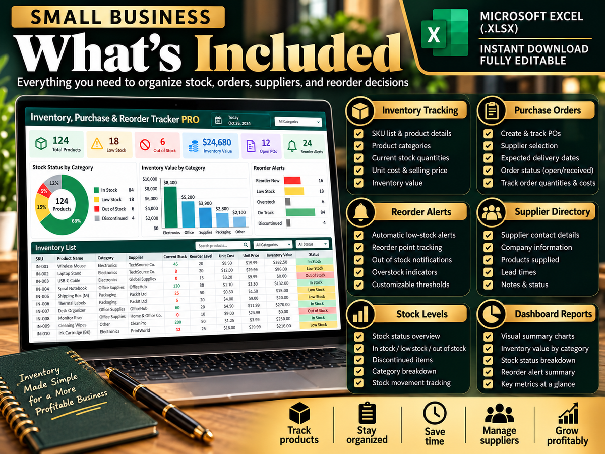 Inventory Purchase & Reorder Tracker digital workbook preview