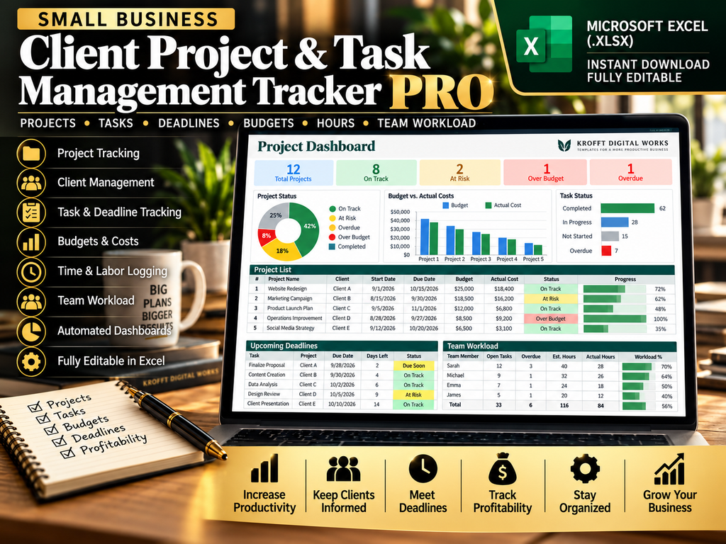 Client Project & Task Management Tracker Excel template cover
