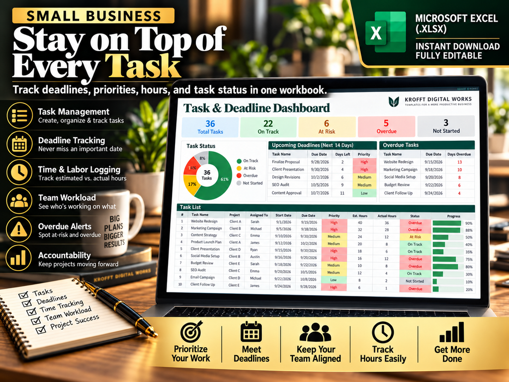 Client Project & Task Management Tracker workbook features preview