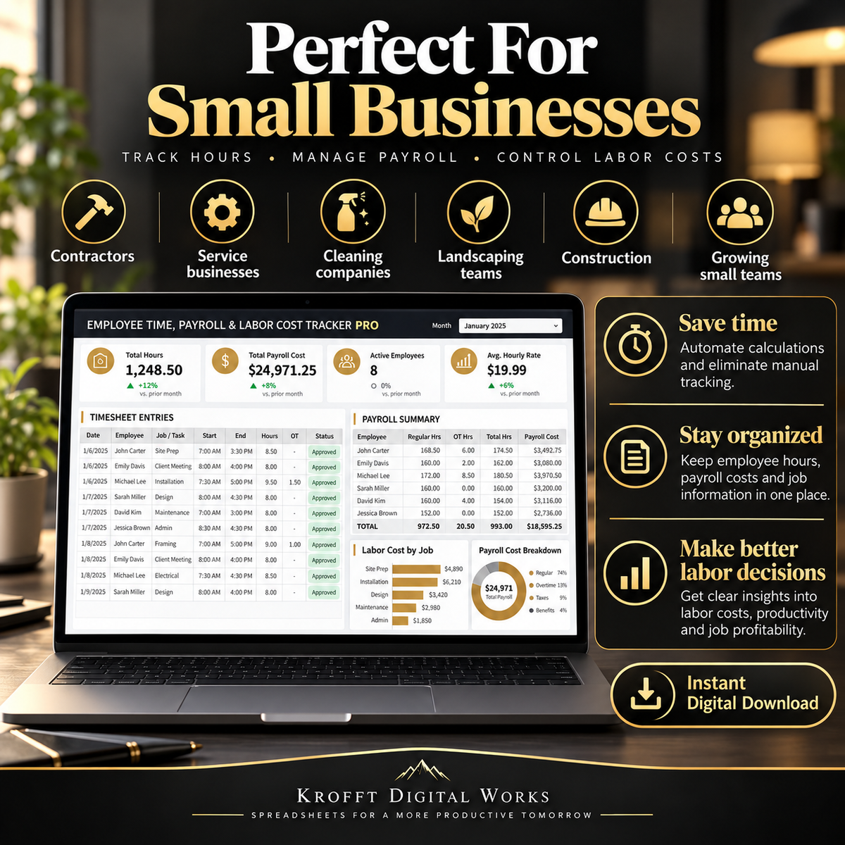 Employee Time Payroll & Labor Cost Tracker digital workbook preview