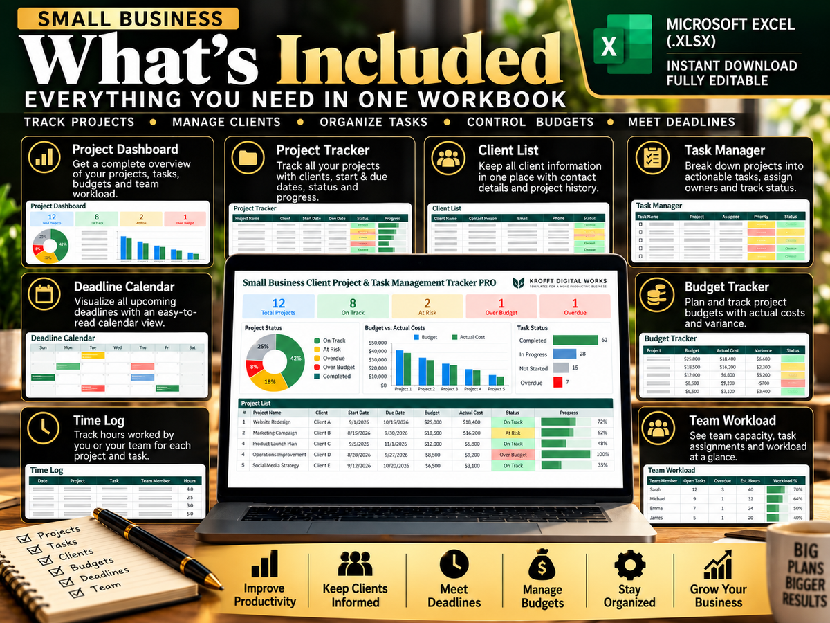 Client Project & Task Management Tracker digital workbook preview
