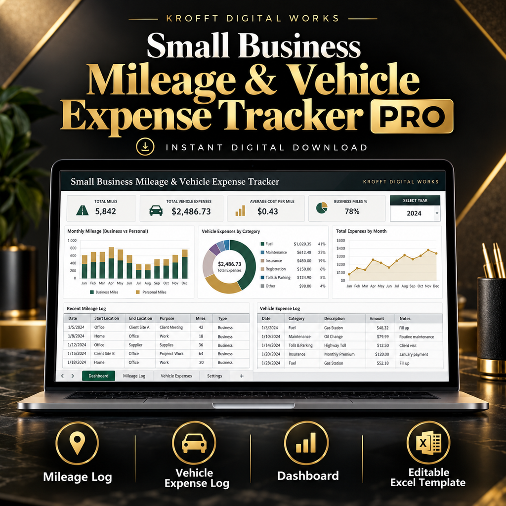 Krofft Digital Works Small Business Mileage & Vehicle Expense Tracker PRO Excel template