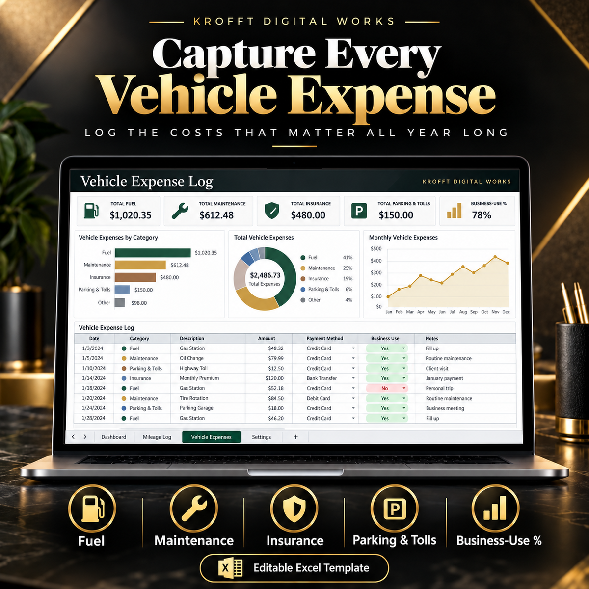 Vehicle expense log feature preview for the Krofft Digital Works mileage tracker